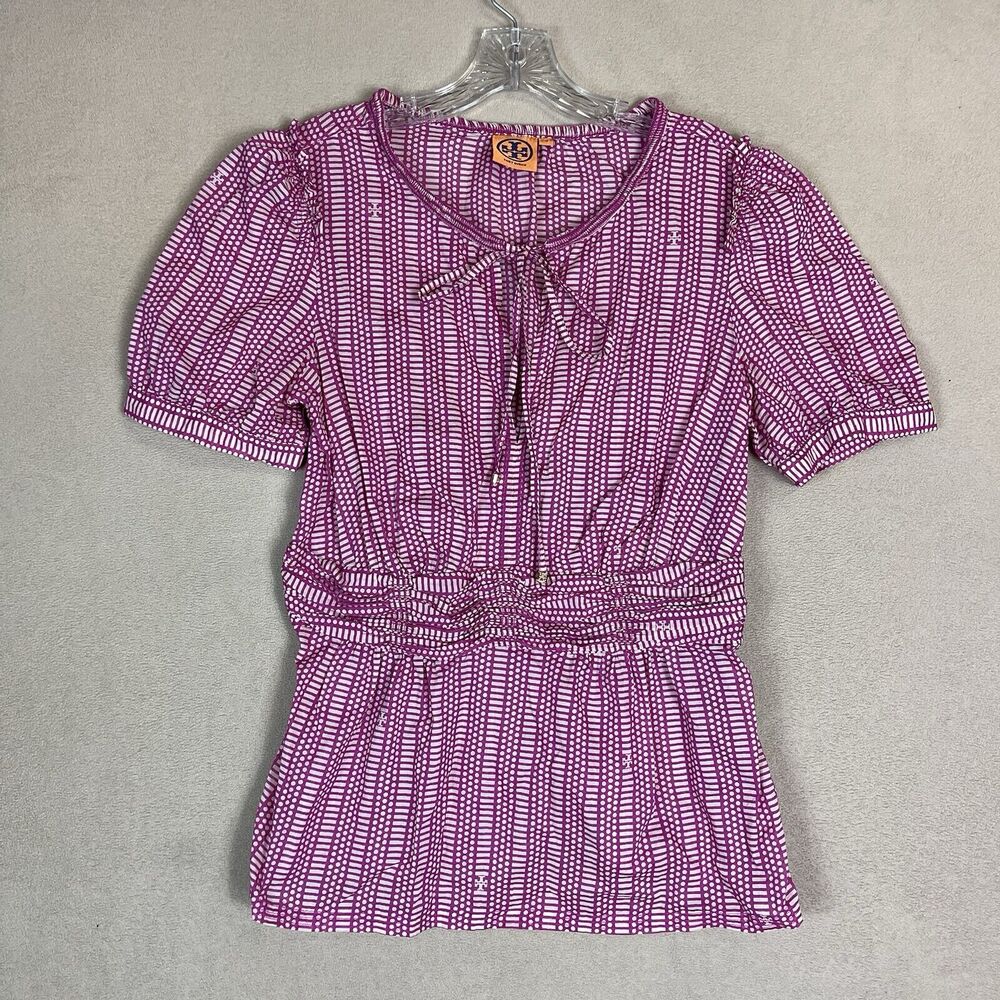 Tory‎ Burch Blouse Womens 10 Pink Peplum Hem Puff Sleeve Tie Neck Cotton Top
